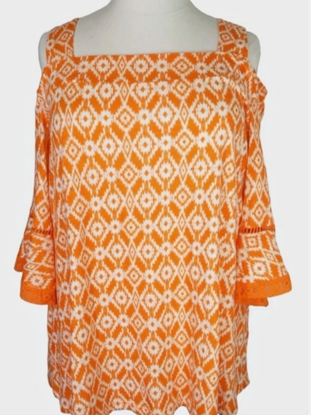 Catherines 3/4 Open Shoulder Sleeve Orange & White T-shirt W/T Crochet Detail.